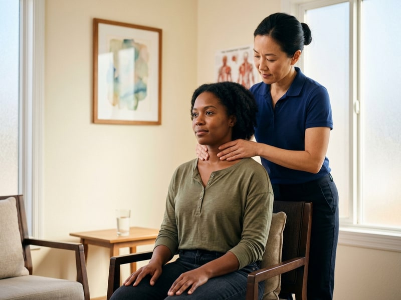 A chiropractor standing beside a seated African-American woman in her 30s, carefully palpating the base of her neck and upper cervical spine during a consultation in a sunlit chiropractic office.
