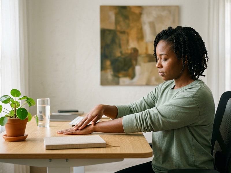 A woman sitting at a standing desk pauses typing to perform a wrist flexor stretch, pressing her palm against the desk surface with her arm extended.