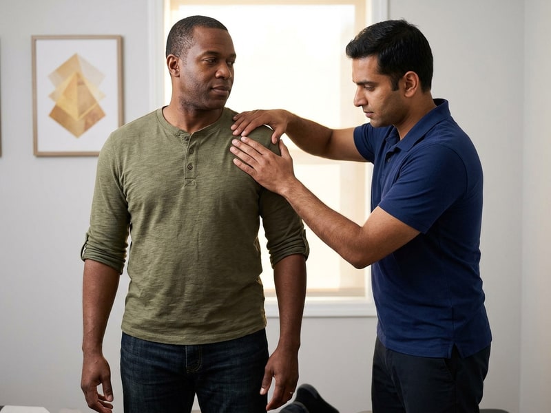 A chiropractor demonstrates a standing posture assessment on a male patient's shoulder and upper back in a bright chiropractic office.