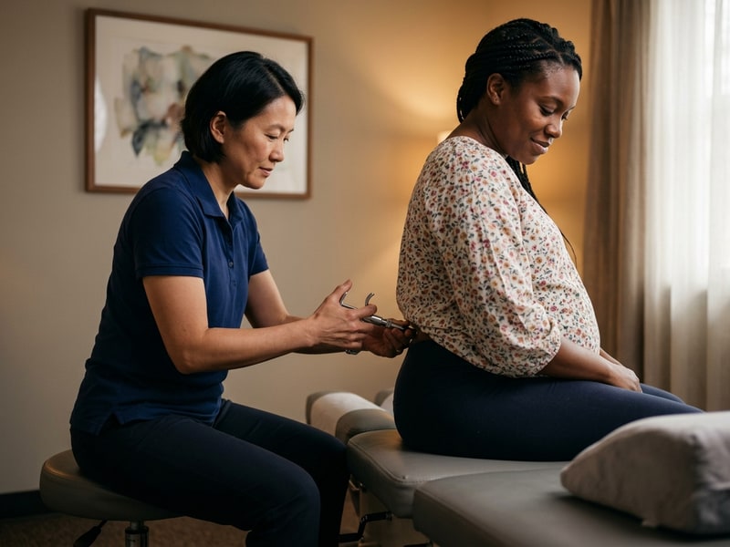 A chiropractor using a small spring-loaded Activator instrument on the lower spine of a seated pregnant woman during a gentle chiropractic adjustment in a Tracy clinic.