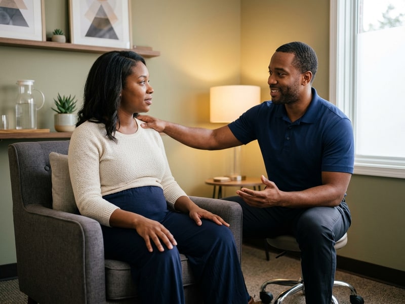 A pregnant woman seated in a chair describing symptoms while a male chiropractor listens attentively and gently palpates her upper shoulder in a consultation setting.