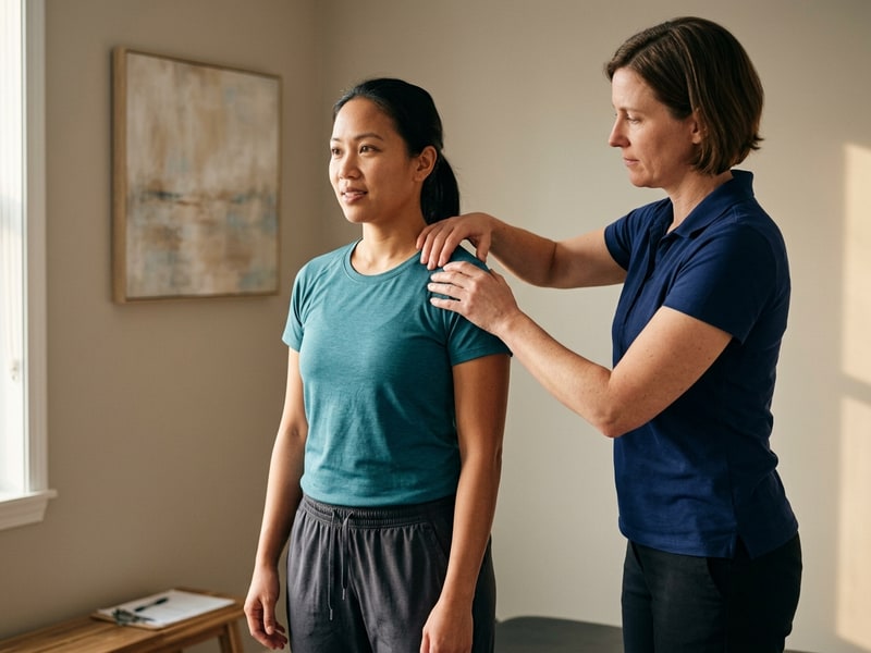 A chiropractor performing a standing shoulder and upper-back assessment on a female patient in a teal athletic t-shirt inside a chiropractic treatment room.