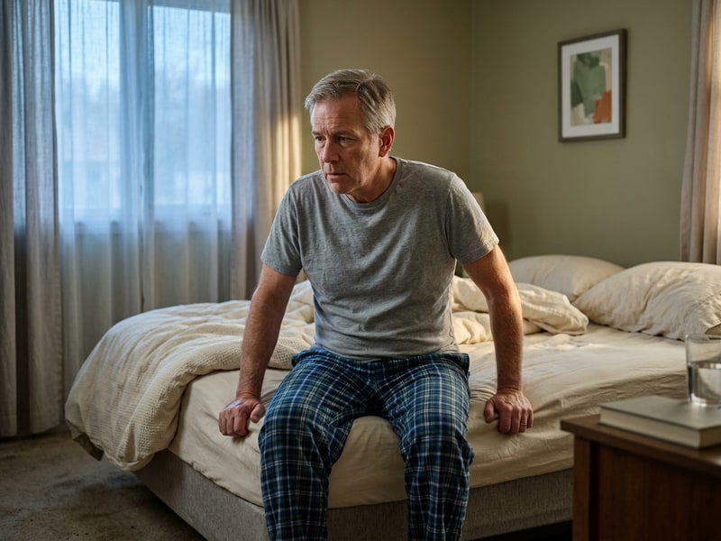 A dizzy older white man in his early 60s sitting on the edge of his bed at home gripping the mattress, eyes slightly unfocused, suggesting a sudden vertigo episode upon waking.