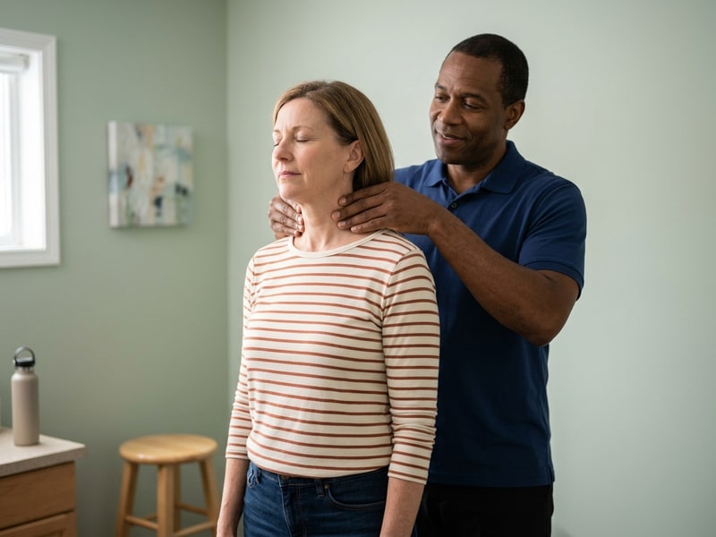 A chiropractor carefully assesses a standing patient's neck and upper shoulder tension during a gentle fibromyalgia consultation in a Tracy chiropractic office.
