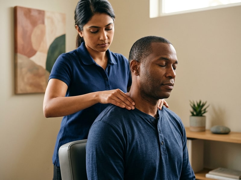 A chiropractor standing behind a seated man presses fingertips carefully along the upper trapezius and base of the skull to locate tension points, both looking calm and focused.