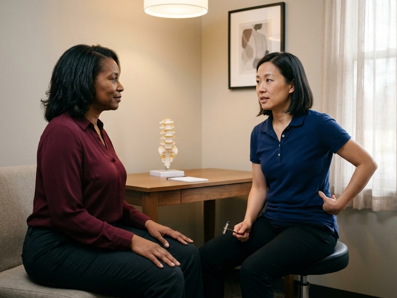 A female chiropractor reviewing reflex and orthopedic exam results with a seated middle-aged Black woman patient in a consultation area.