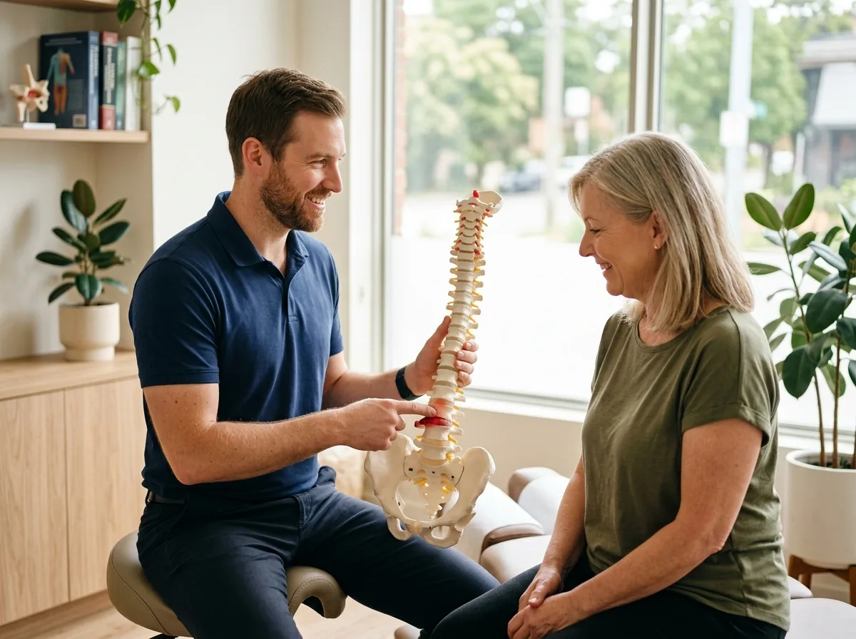 Chiropractor reviewing a spine model with a Mountain House patient to explain a herniated disc