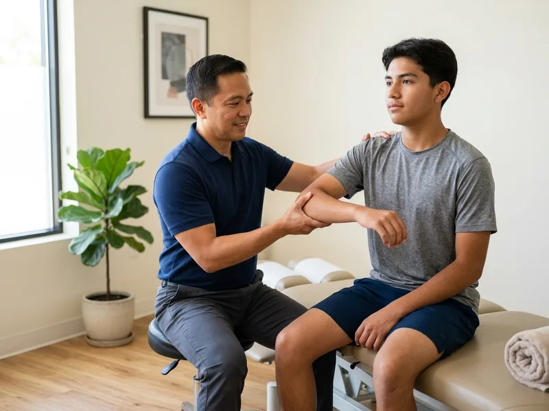 Chiropractor in a navy polo shirt assessing a high school athlete's shoulder range of motion in a Tracy clinic exam room