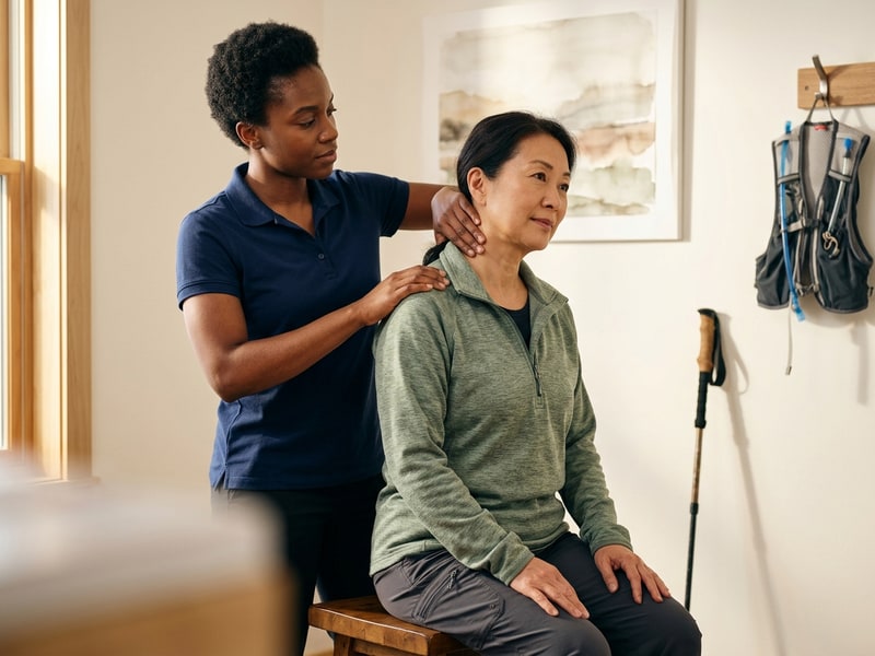 A female chiropractor carefully assesses the left shoulder and neck of a seated older Asian woman hiker, both looking focused in a warmly lit clinic corner with hiking gear in the background.