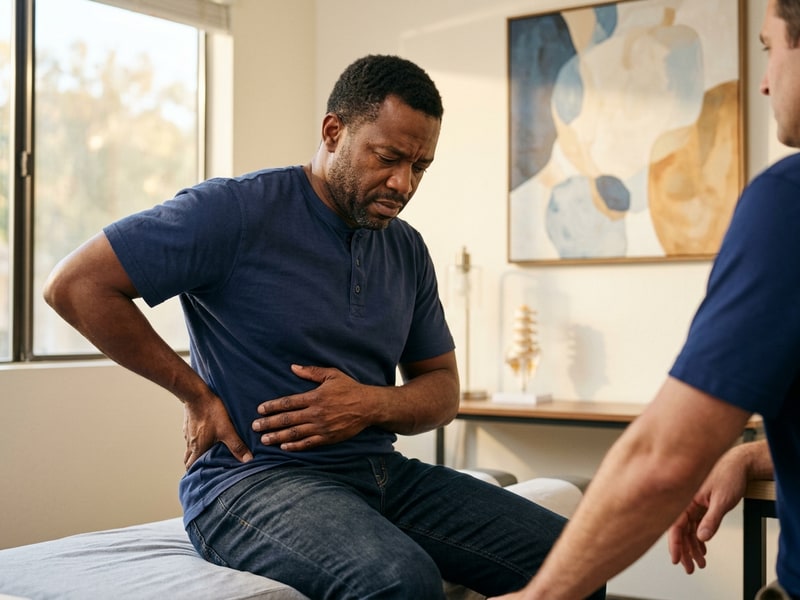 A middle-aged Black male warehouse worker sitting on the edge of a treatment table pressing both hands into his lower back with a pained but composed expression during a chiropractic consultation.