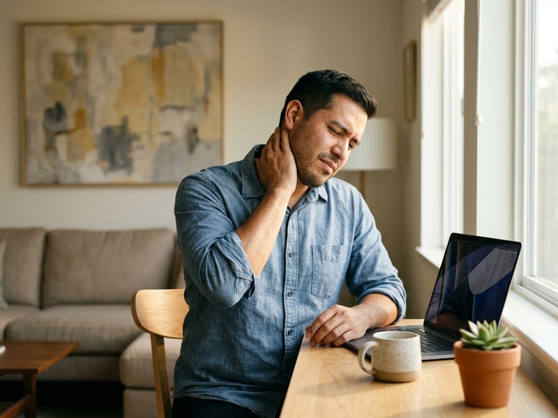 A remote worker in his 30s pressing a hand to his stiff neck while sitting at a home desk near a sunlit window in a California suburb.
