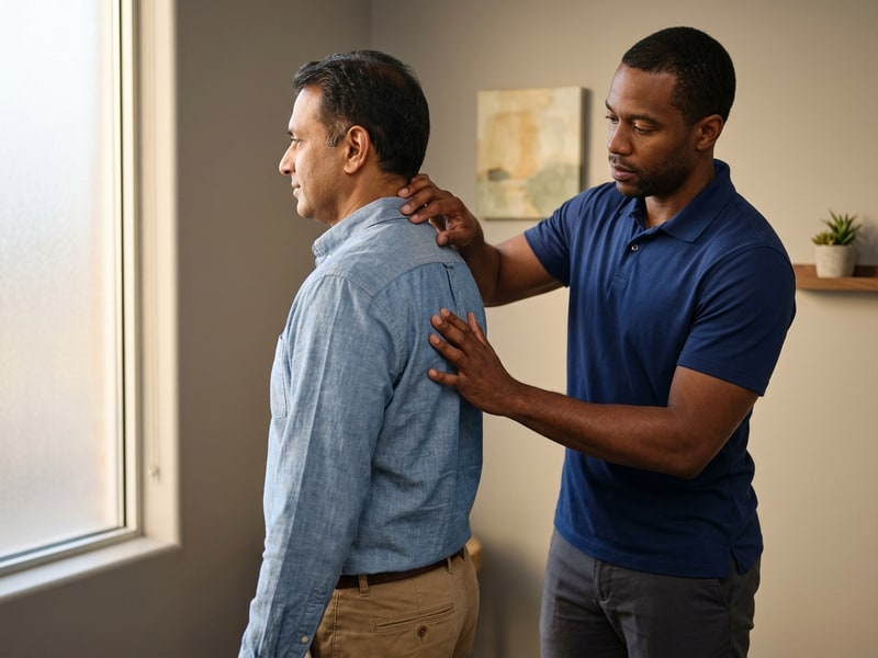 A chiropractor gently assesses the upper back and neck of a standing male patient wearing a light blue chambray button-down and tan trousers in a softly lit chiropractic consultation room.