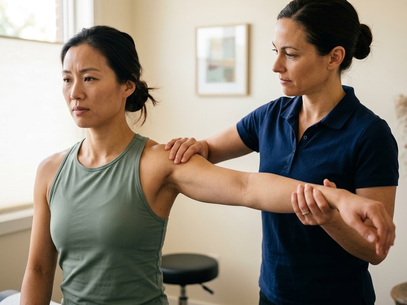Close-up of a chiropractor's hands gently mobilizing the upper arm and shoulder of a seated woman who is wincing slightly, suggesting referred nerve pain radiating from the neck into the arm.