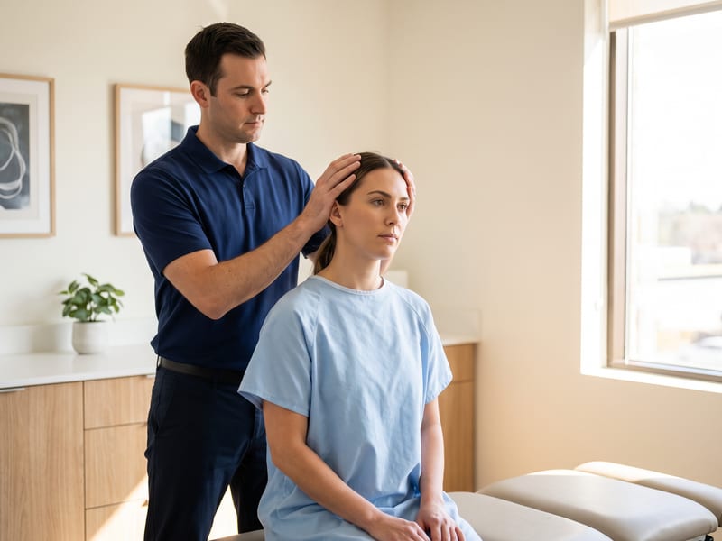 A chiropractor in a navy polo steadies a seated patient's head with both hands during a cervical orthopedic test for nerve compression in a sunlit treatment room.