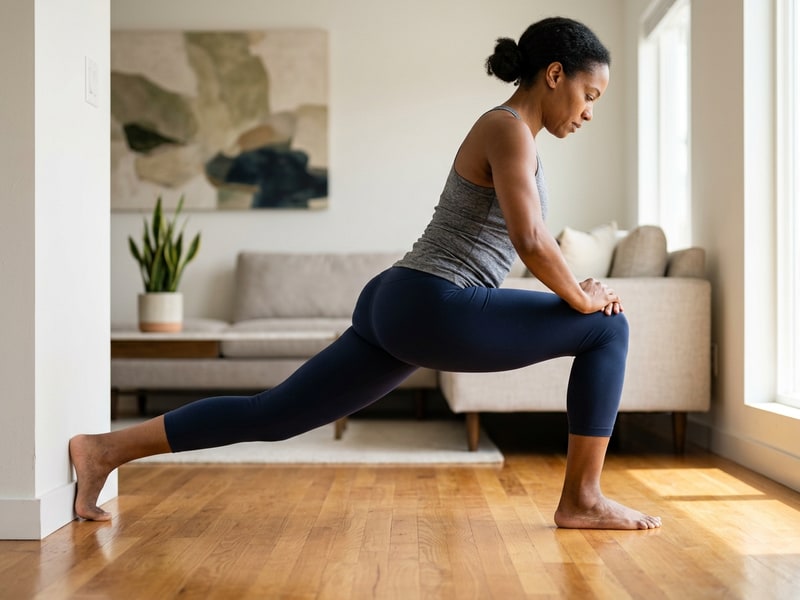 A middle-aged woman performs a standing calf-stretch lunge against a sunlit wall at home, pressing her bare heel flat to the floor with focused effort.