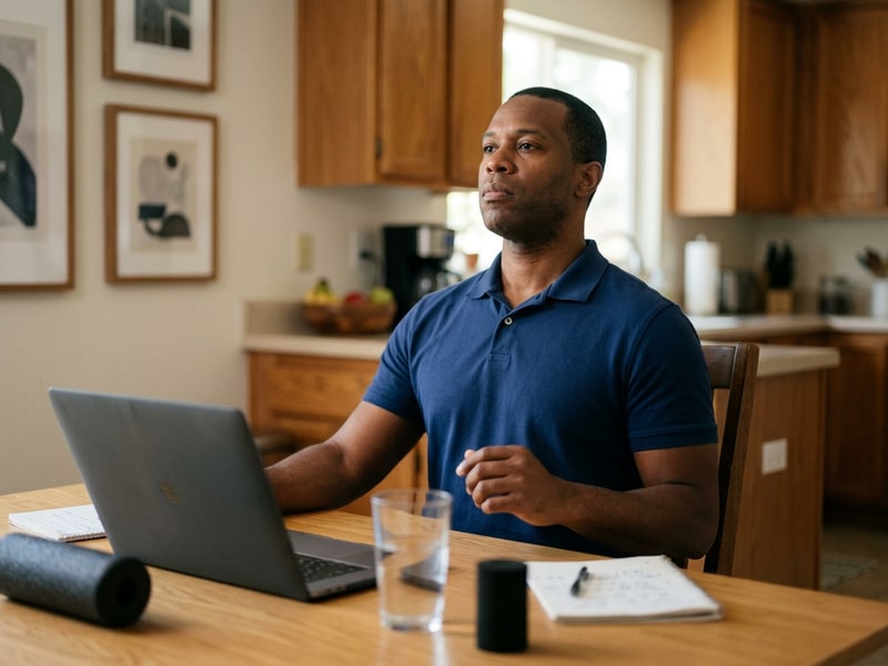 A remote worker performs a seated chin-tuck stretch at his kitchen table home office, eyes closed, hands resting on his thighs during a midday movement break.