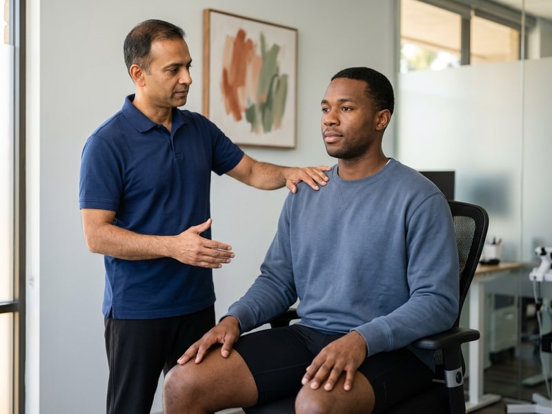 A chiropractor reviews a patient's seated posture by placing one hand on the patient's upper back near the shoulder while the patient sits demonstrating a forward-leaning driving position, both viewed from a slight side angle.
