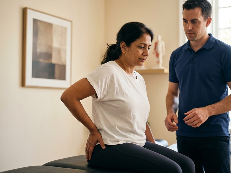 A woman in her 50s sitting on a treatment table grips her lower back with one hand while a chiropractor in a navy polo observes her posture from behind.