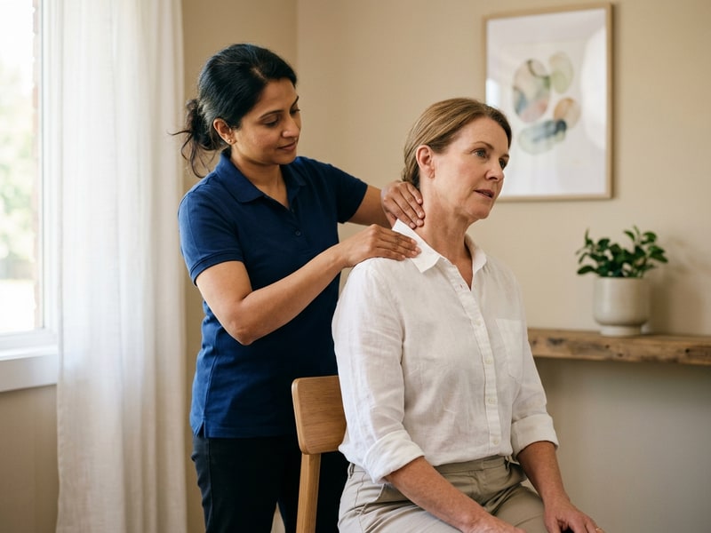 A chiropractor conducts a seated cervical and upper-shoulder assessment on a middle-aged female patient wearing a white linen shirt and stone chinos in a warmly lit exam room.