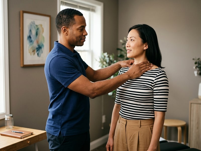 A chiropractor reviews cervical and upper spinal mobility with a standing adult female patient in a black and white striped boatneck top during an office consultation.