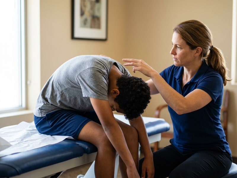 A teenage boy sits on an exam table and bends forward in a classic Adam's forward-bend test while a chiropractor observes his back from behind at eye level.