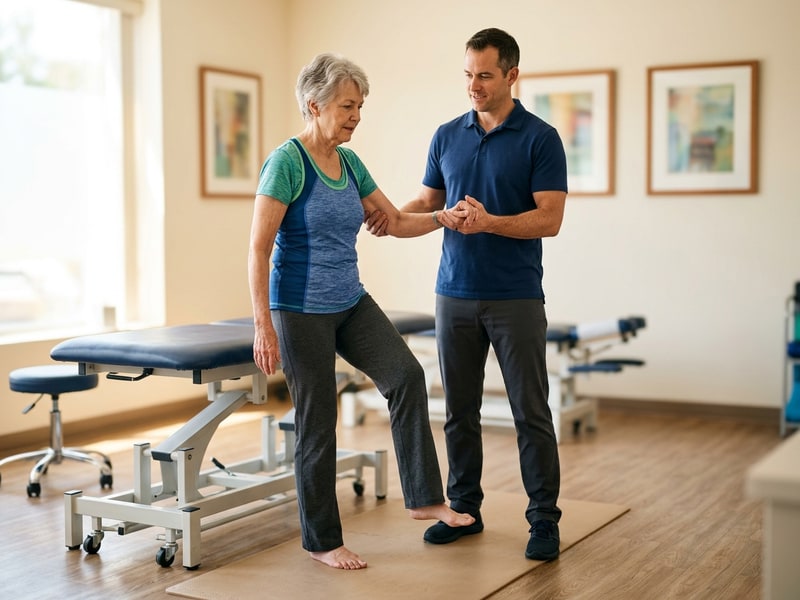 An active senior woman performing a gentle standing balance exercise with light support from a chiropractor.