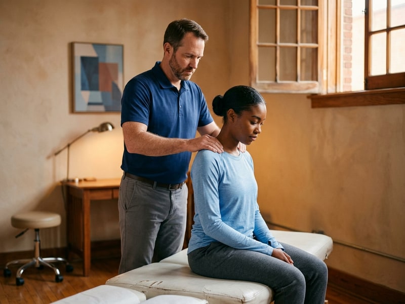 A chiropractor applies bilateral soft-tissue pressure to the upper trapezius of a young female runner seated at the edge of an exam table.