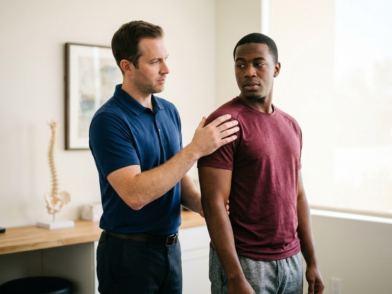 A chiropractor assesses a standing male patient in a maroon athletic tee, gently rotating the patient's right shoulder and upper arm to evaluate post-travel muscle stiffness in a bright clinical room.