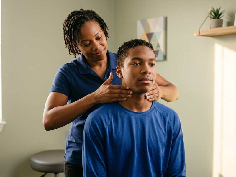 A chiropractor assesses cervical range of motion in a young male competitive swimmer seated in a clinic, with hands gently placed on either side of his neck.