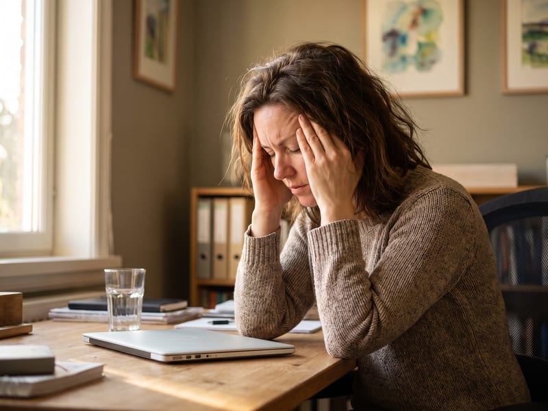 A tired female office worker in her 30s sits at a plain wooden desk pressing her fingertips to her temples and the base of her skull, eyes closed, showing the classic posture of a tension headache sufferer.