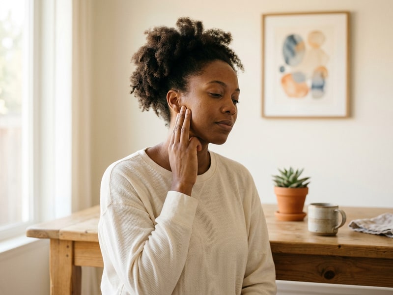 A woman in her early 30s sits at a kitchen table pressing two fingers gently against her jaw joint just in front of her ear, practicing a TMJ self-care exercise at home.