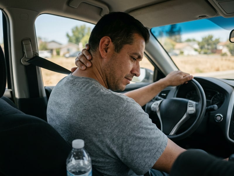 A middle-aged Latino man sitting in a car rubbing the back of his stiff neck with one hand after a rear-end collision, grimacing slightly in genuine discomfort.