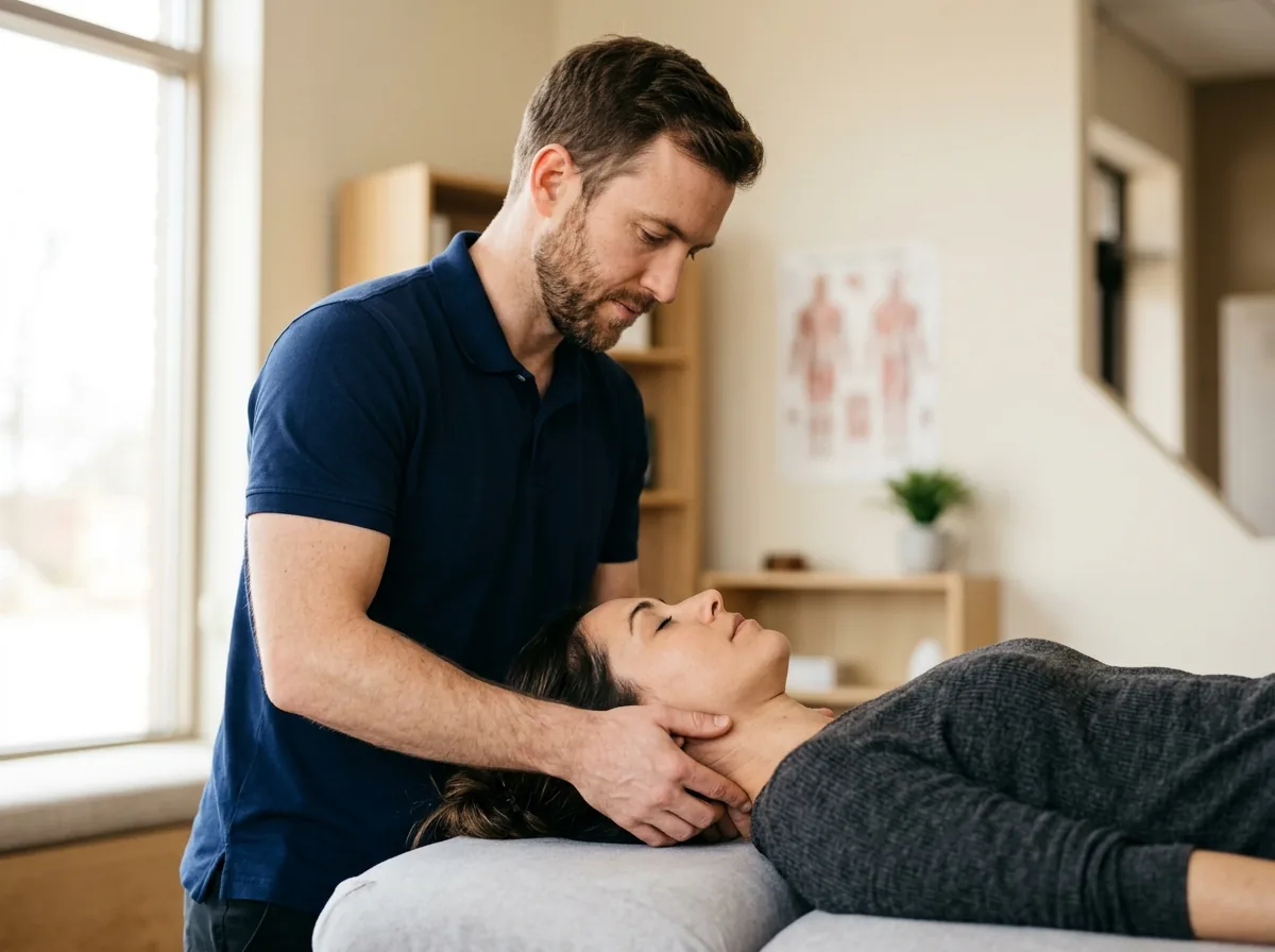 Chiropractor performing a gentle cervical mobilization on a patient recovering from a car accident