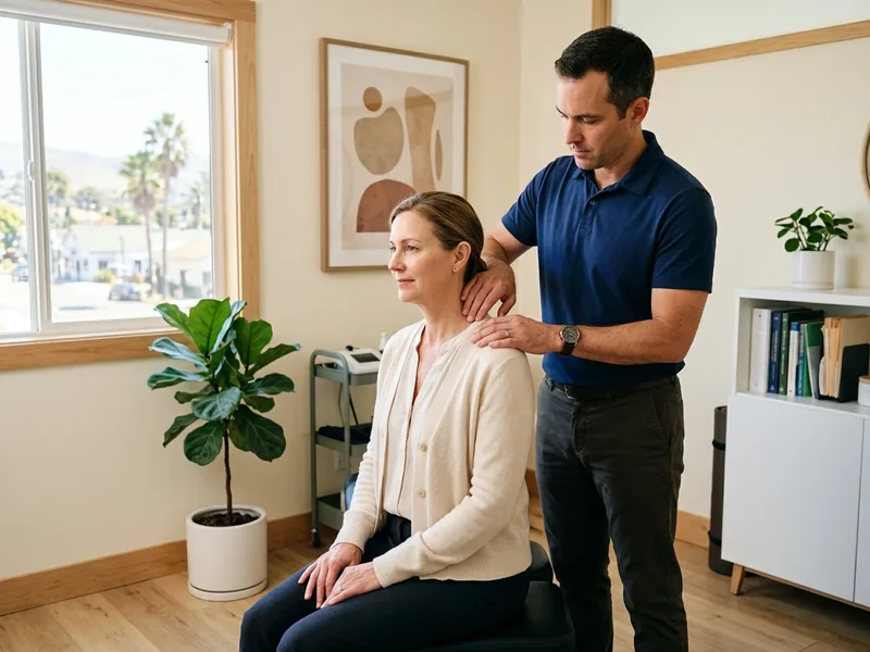 Chiropractor performing a gentle spinal exam on a seated patient in a bright Ripon clinic
