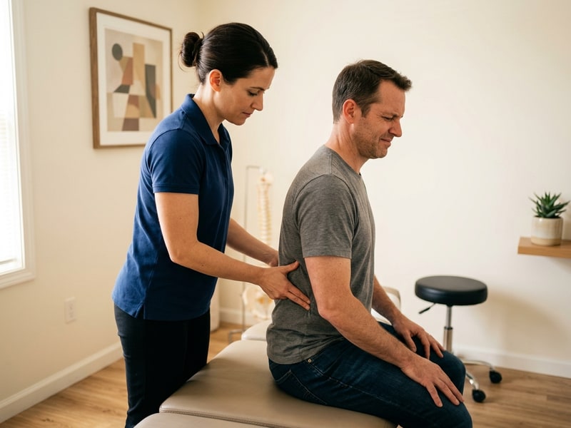 A chiropractor in a plain navy polo performs a hands-on lumbar assessment on a male patient sitting upright on an exam table in a warm, softly lit treatment room.