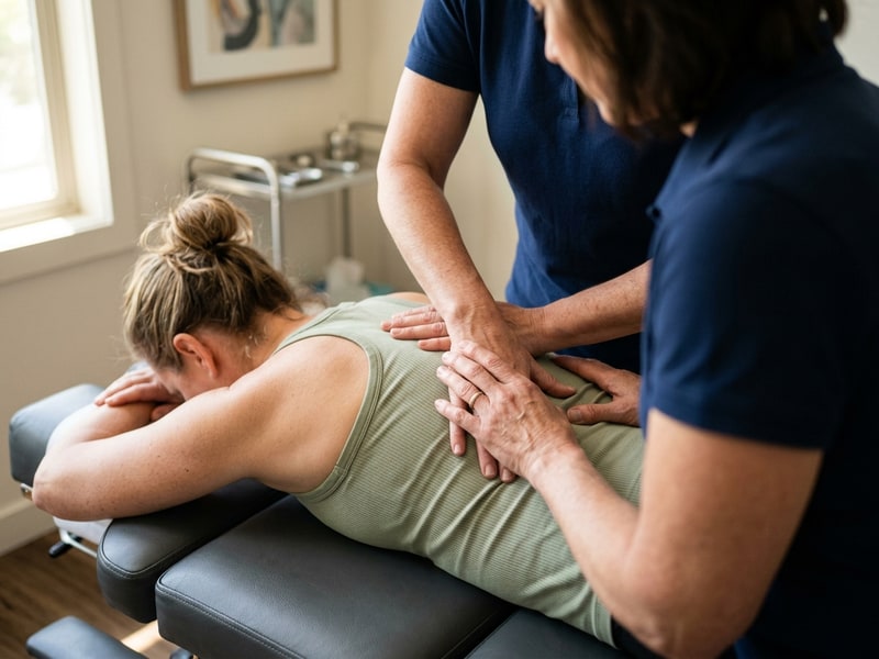 Close-up of a chiropractor's hands performing a precise, controlled lumbar spine assessment on a patient lying face-down on a treatment table.