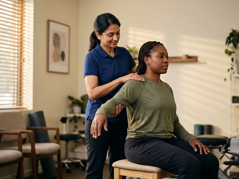 A female chiropractor carefully evaluating a seated woman's shoulder and upper back range of motion in a softly lit California chiropractic clinic.