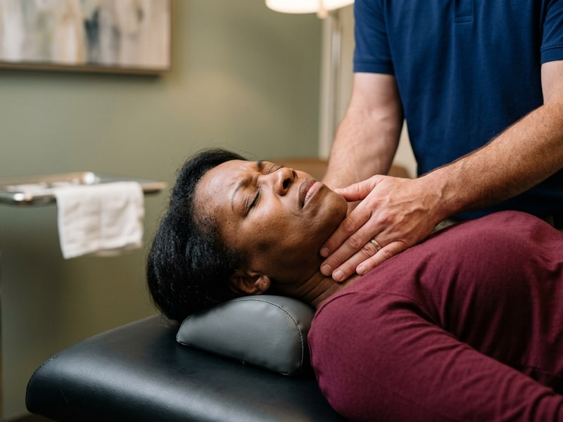 Close-up of a middle-aged Black woman lying on a chiropractic adjustment table with her neck carefully supported, eyes closed in pained relief, under warm clinical lighting.