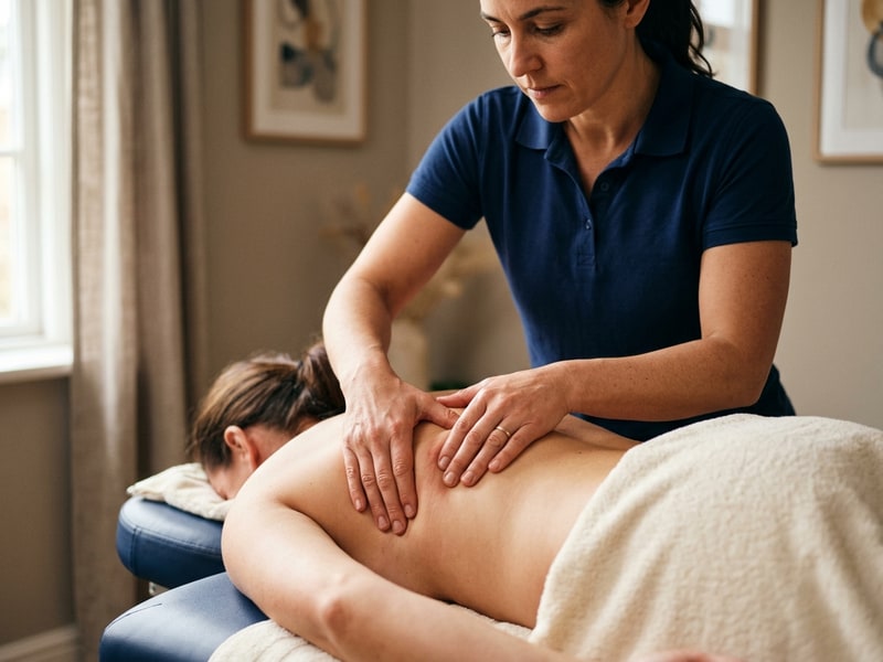 Close-up of a massage therapist's hands performing deep tissue work on a patient's upper back and shoulders.