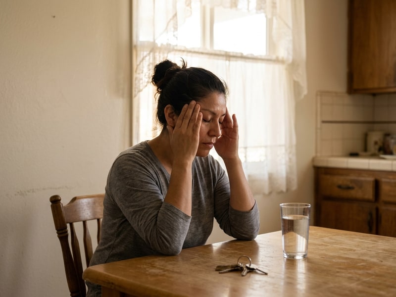 A tired Latina woman in her early 40s sits at a plain kitchen table in morning light, both hands pressed to her temples, eyes shut, a glass of water nearby suggesting the start of a migraine episode.