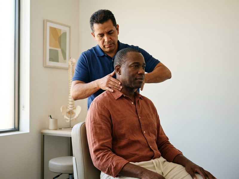Chiropractor standing behind a male patient in a terracotta linen shirt, carefully palpating the upper cervical and neck region during a disc condition assessment in a Ripon chiropractic office.