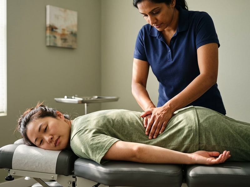 A young Black woman in athletic wear stretches her lower back at home on a yoga mat, looking calm and focused during a self-care routine between chiropractic visits.