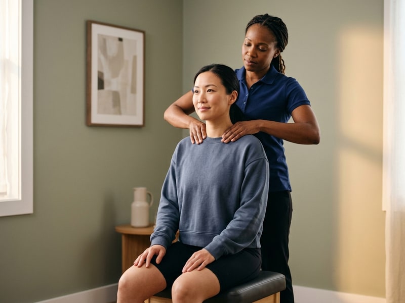 A female chiropractor gently assesses a seated female patient's neck and upper shoulder tension during a lower back pain intake consultation.