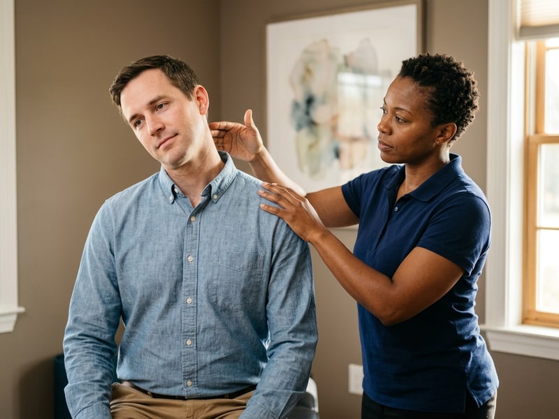 A chiropractor standing beside a male patient in a chambray shirt, assessing cervical range of motion with one hand supporting the patient's shoulder during a standing exam.