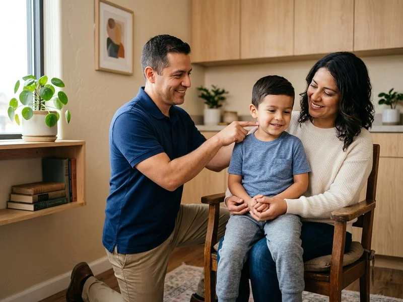 Valley Chiropractic pediatric chiropractor performing a very gentle fingertip-pressure check on a calm young child sitting on his mother's lap