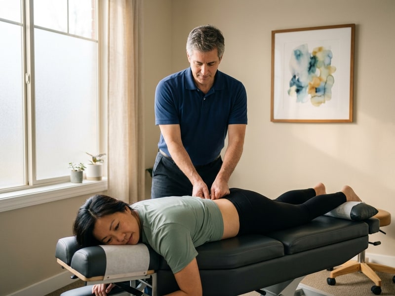 A chiropractor in a plain navy polo carefully palpates the lower lumbar spine of a middle-aged woman lying face-down on a treatment table in a softly lit chiropractic treatment room