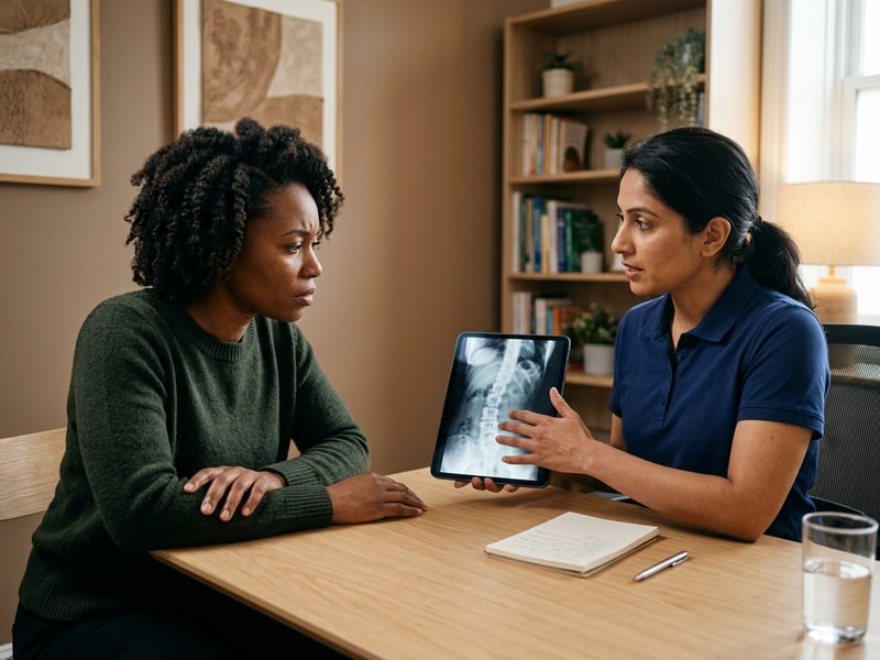 Close-up of a Black woman in her late 30s sitting across a desk from a chiropractor reviewing printed medical imaging on a light tablet, both focused and calm in a warmly lit consultation room.