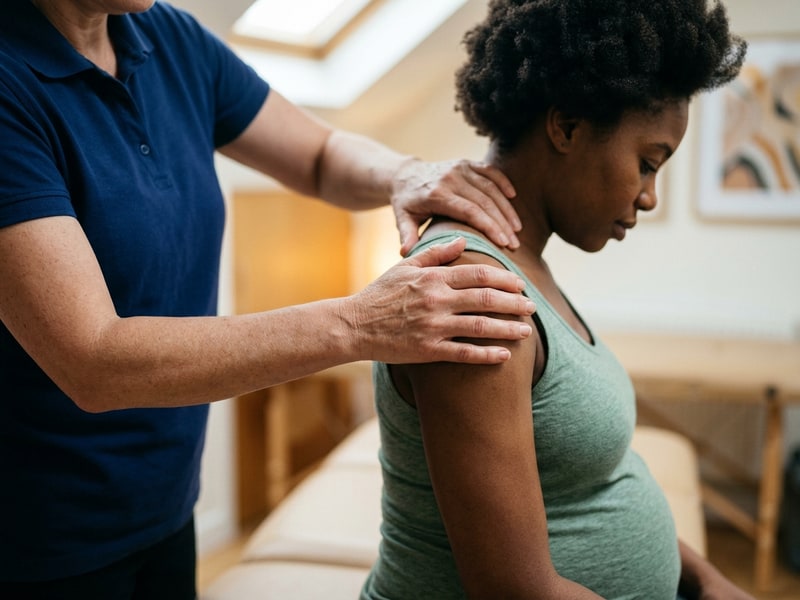 Close-up of a practitioner's hands cupped gently around the upper shoulder and neck of a pregnant woman seated upright on a treatment table, showing careful therapeutic touch in soft warm indoor light.
