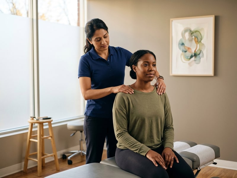 A chiropractor in a navy polo assesses a seated female patient's neck and shoulder posture inside a calm, warmly lit treatment room.