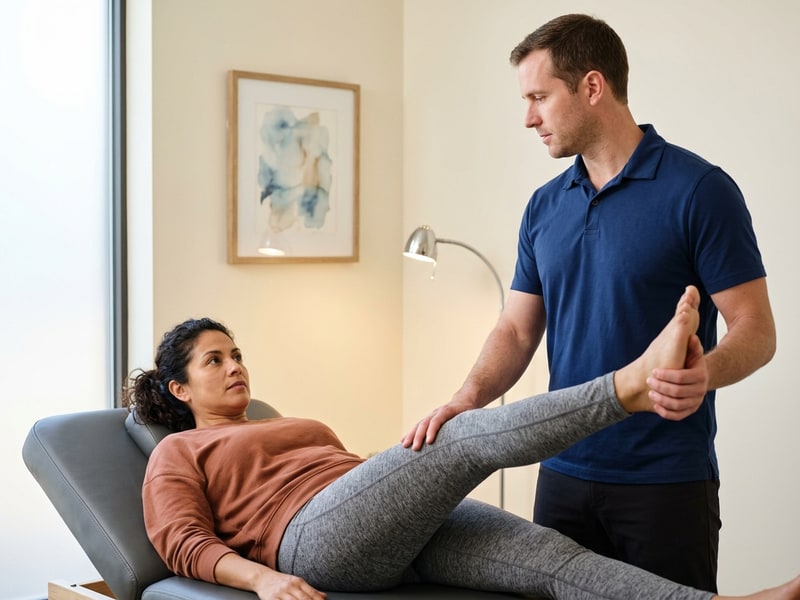 A male chiropractor in a navy polo performs a careful seated leg-raise assessment on a Hispanic woman patient lying on a treatment table, evaluating her sciatica symptoms in a calm clinic room.